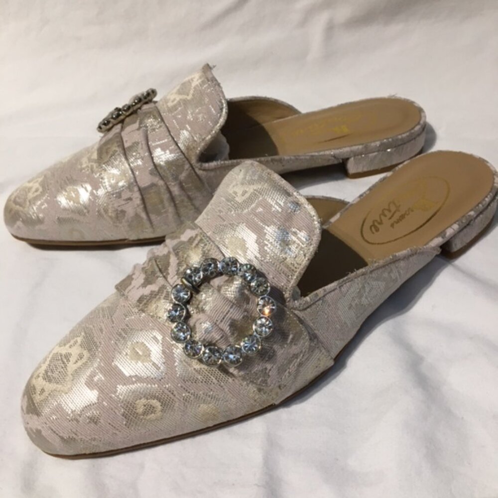 Festive blush and silver mules, NWT, 38 1/2